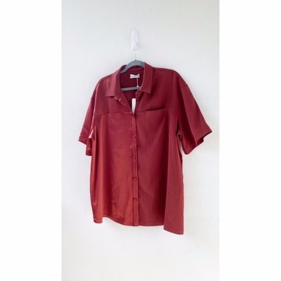Co Collection Tops - CO Collection Bordeaux Satin Chiffon Button-Up Blouse Neiman Marcus XXL NWT